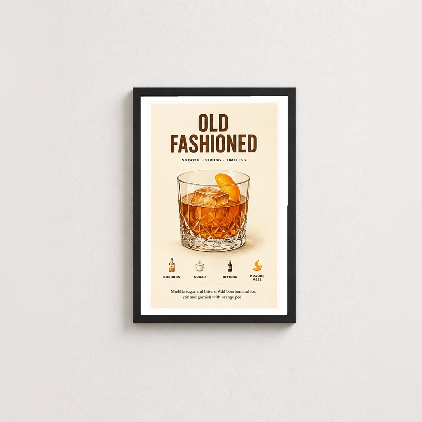 Klasik Old Fashioned Tarifi – Vintage Çerçeveli Poster — Siyah — Paspartulu — TabloLab