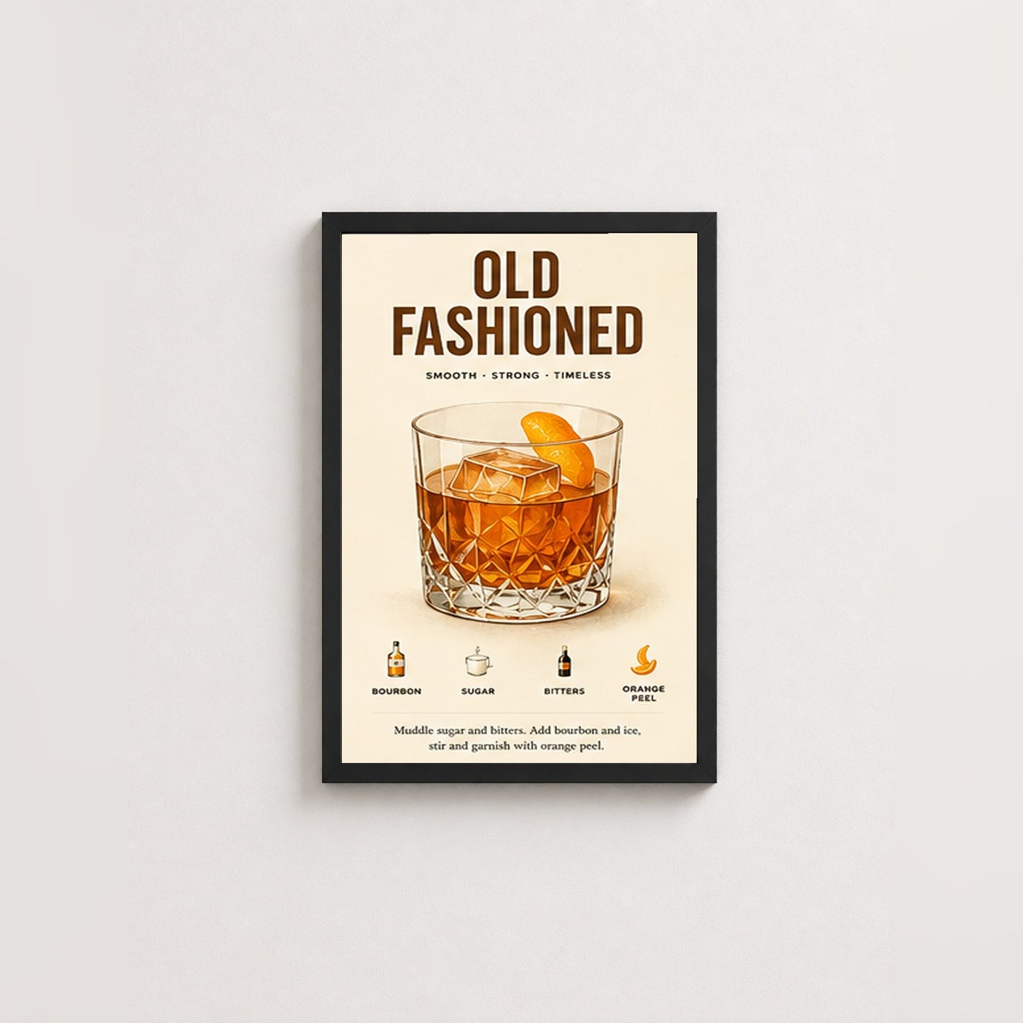 Klasik Old Fashioned Tarifi – Vintage Çerçeveli Poster — Siyah — Paspartusuz — TabloLab