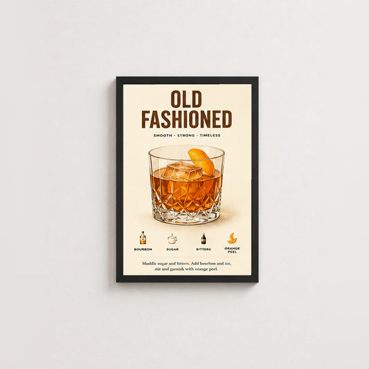 Klasik Old Fashioned Tarifi – Vintage Çerçeveli Poster — Siyah — Paspartusuz — TabloLab