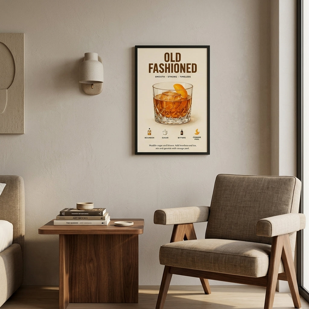 Klasik Old Fashioned Tarifi – Vintage Çerçeveli Poster — Siyah — Paspartusuz — TabloLab