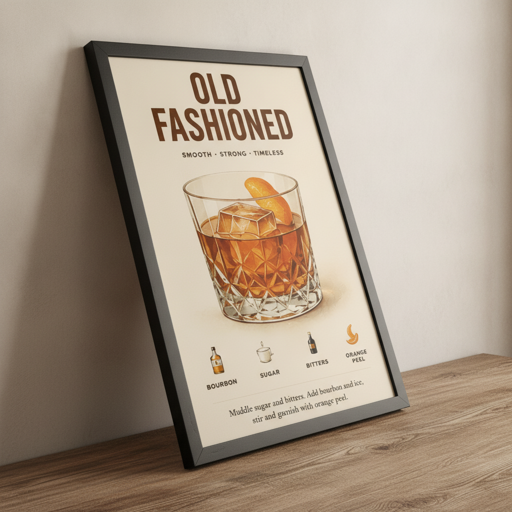 Klasik Old Fashioned Tarifi – Vintage Çerçeveli Poster — Siyah — Paspartusuz — TabloLab