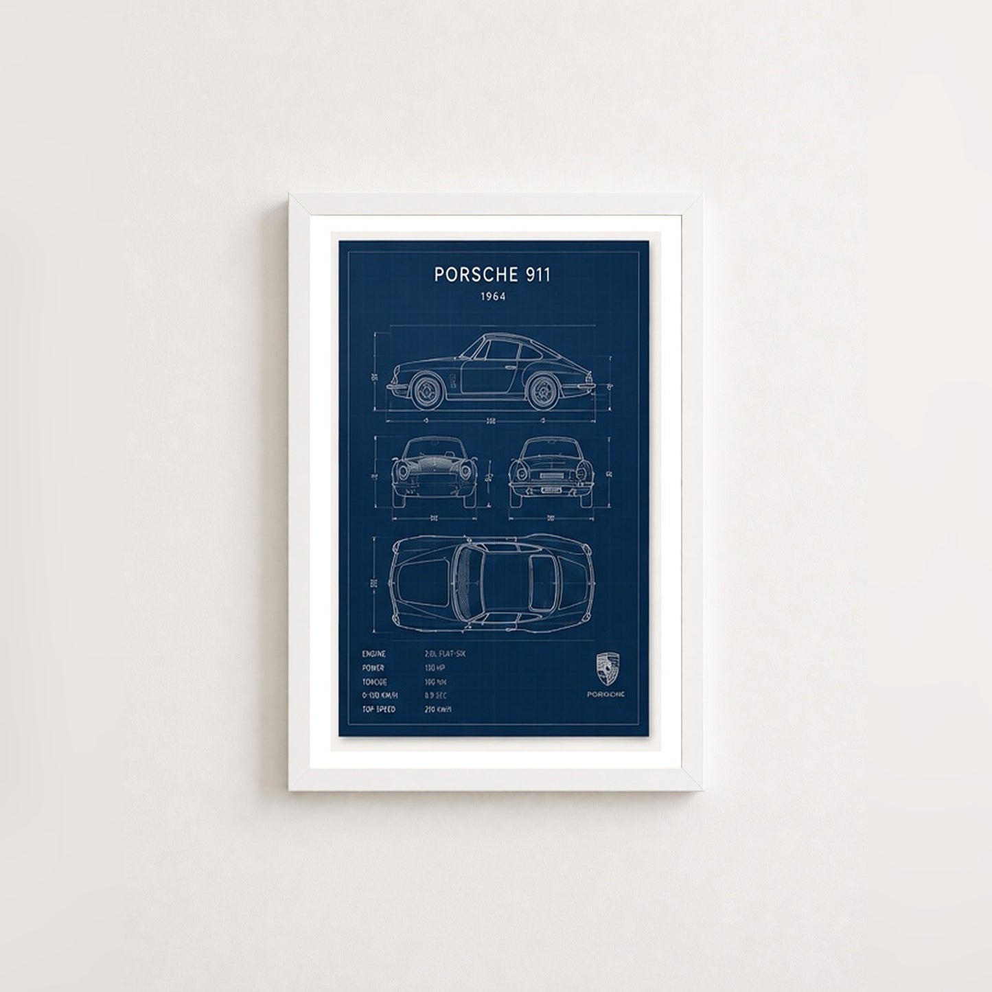 Klasik Porsche 911 Planları – Teknik Çizim Çerçeveli Poster — Beyaz — Paspartulu — TabloLab