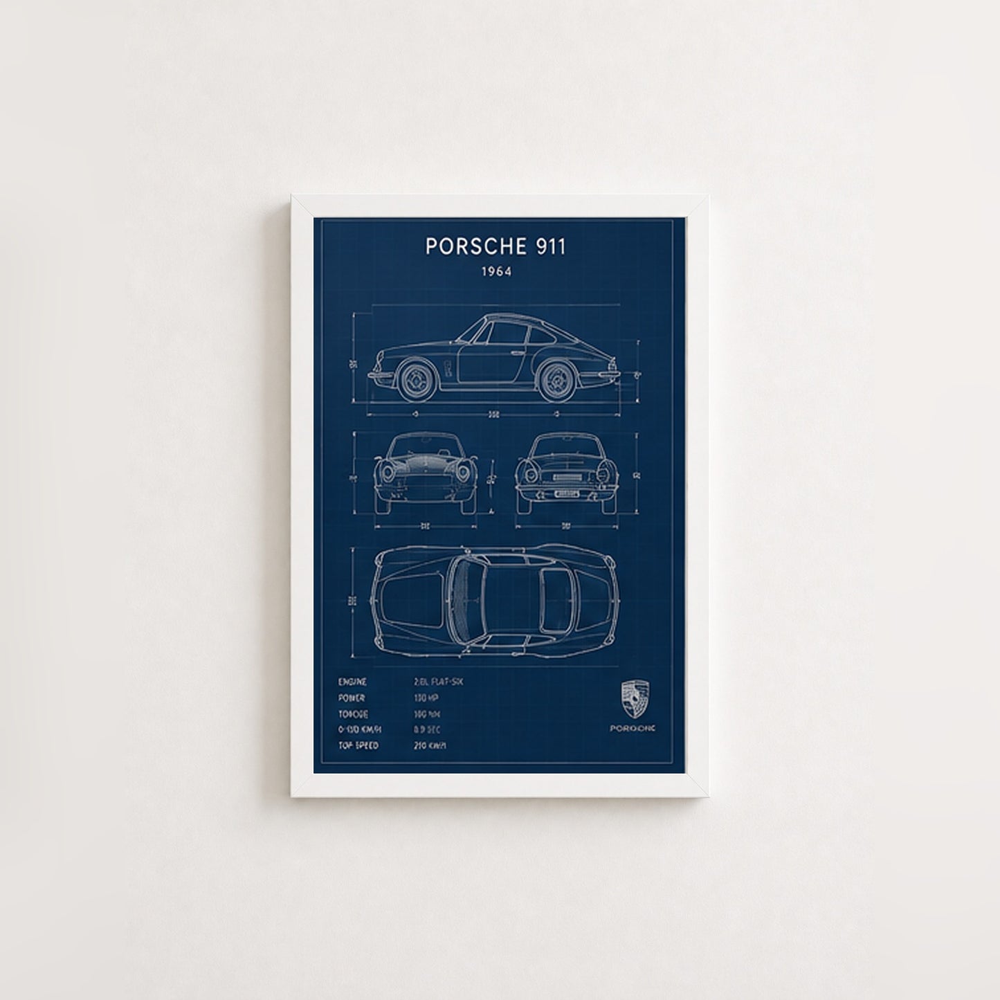 Klasik Porsche 911 Planları – Teknik Çizim Çerçeveli Poster — Beyaz — Paspartusuz — TabloLab