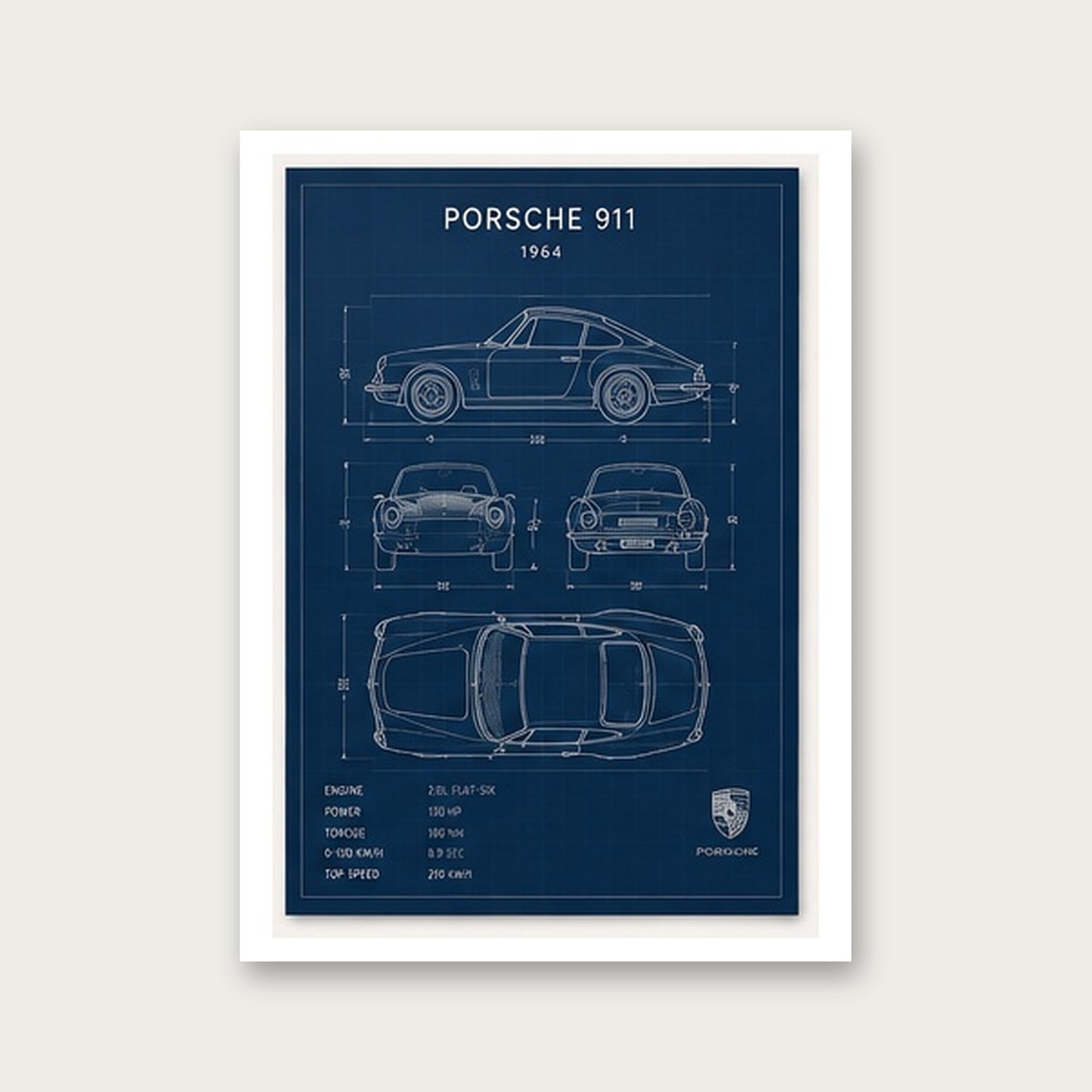 Klasik Porsche 911 Planları – Teknik Çizim Çerçeveli Poster — Çerçevesiz — Paspartulu — TabloLab