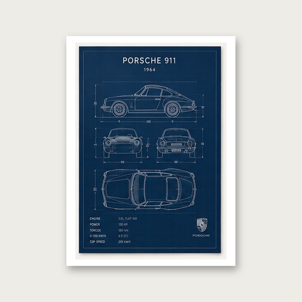 Klasik Porsche 911 Planları – Teknik Çizim Çerçeveli Poster — Çerçevesiz — Paspartulu — TabloLab