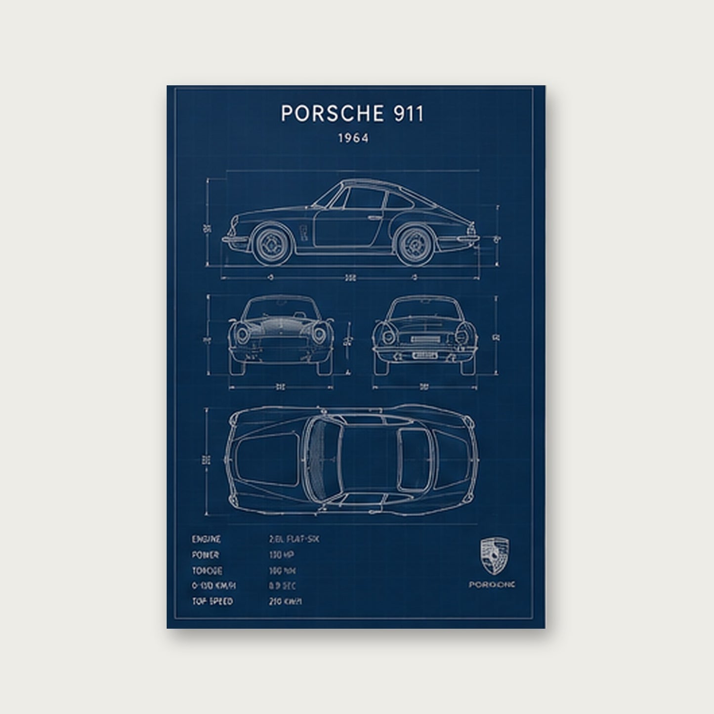 Klasik Porsche 911 Planları – Teknik Çizim Çerçeveli Poster — Çerçevesiz — Paspartusuz — TabloLab