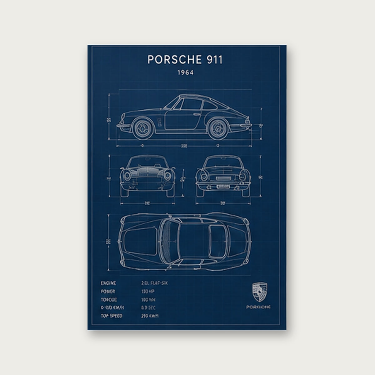 Klasik Porsche 911 Planları – Teknik Çizim Çerçeveli Poster — Çerçevesiz — Paspartusuz — TabloLab