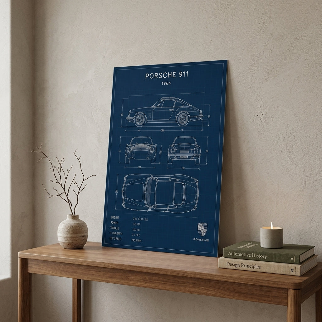 Klasik Porsche 911 Planları – Teknik Çizim Çerçeveli Poster — Çerçevesiz — Paspartusuz — TabloLab
