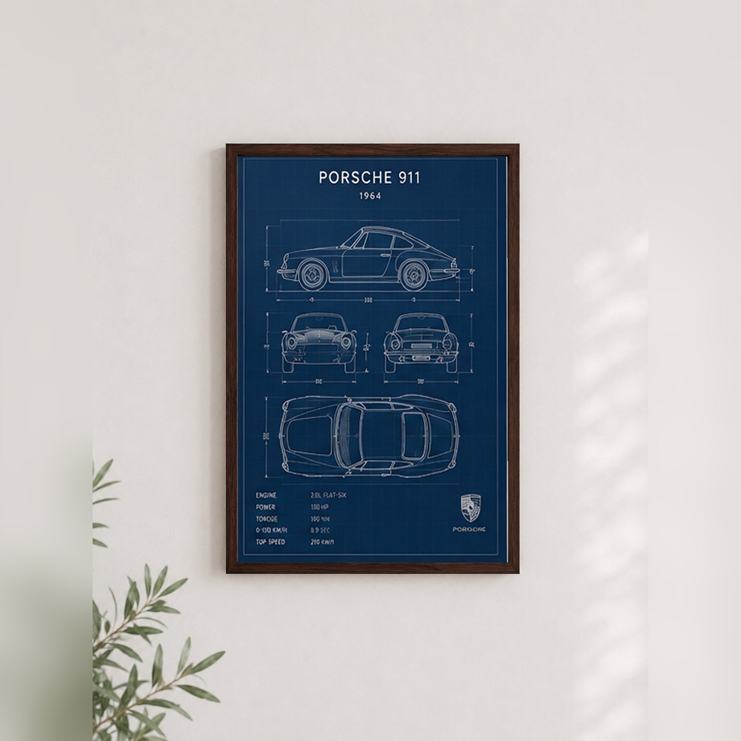 Klasik Porsche 911 Planları – Teknik Çizim Çerçeveli Poster — Ceviz — Paspartusuz — TabloLab