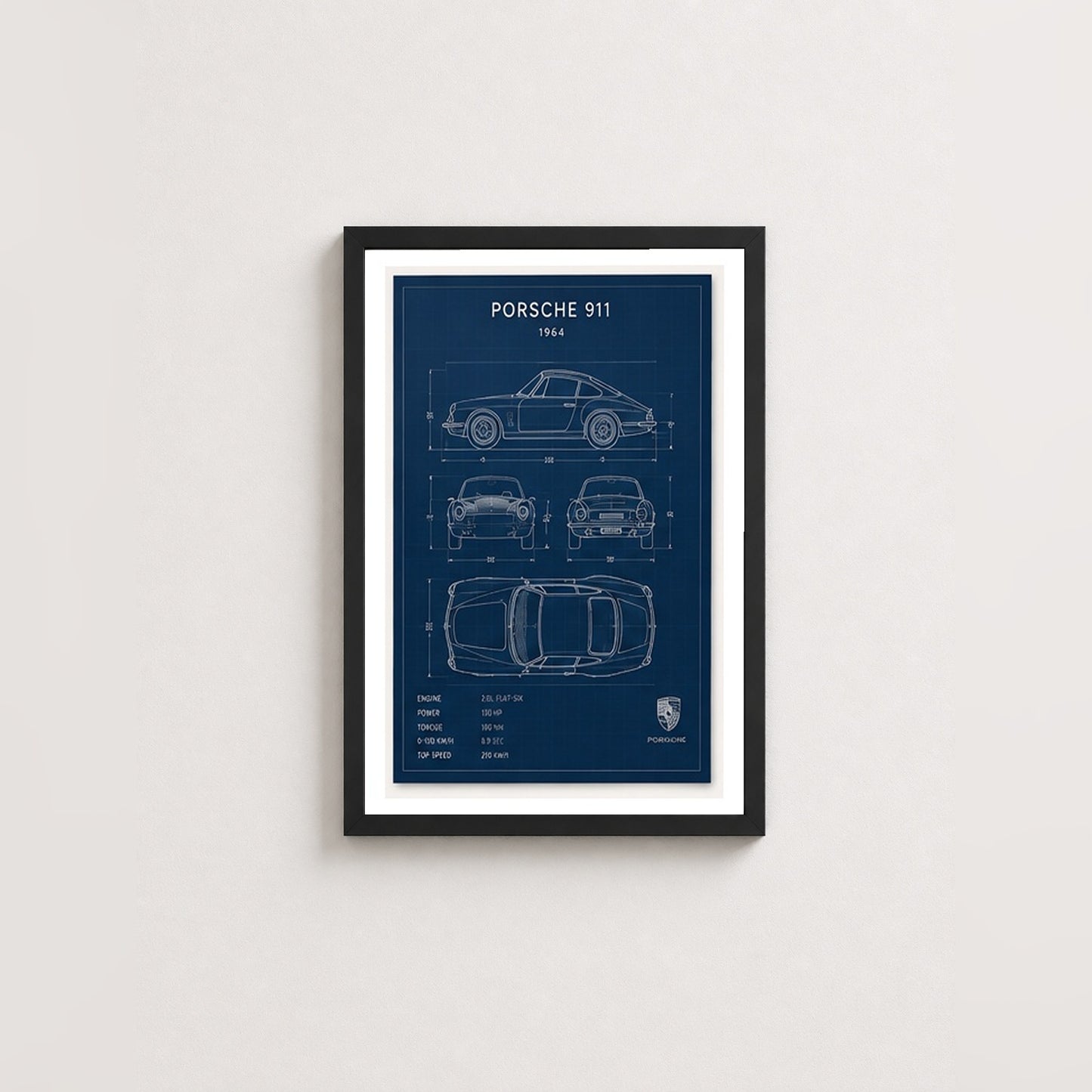 Klasik Porsche 911 Planları – Teknik Çizim Çerçeveli Poster — Siyah — Paspartulu — TabloLab
