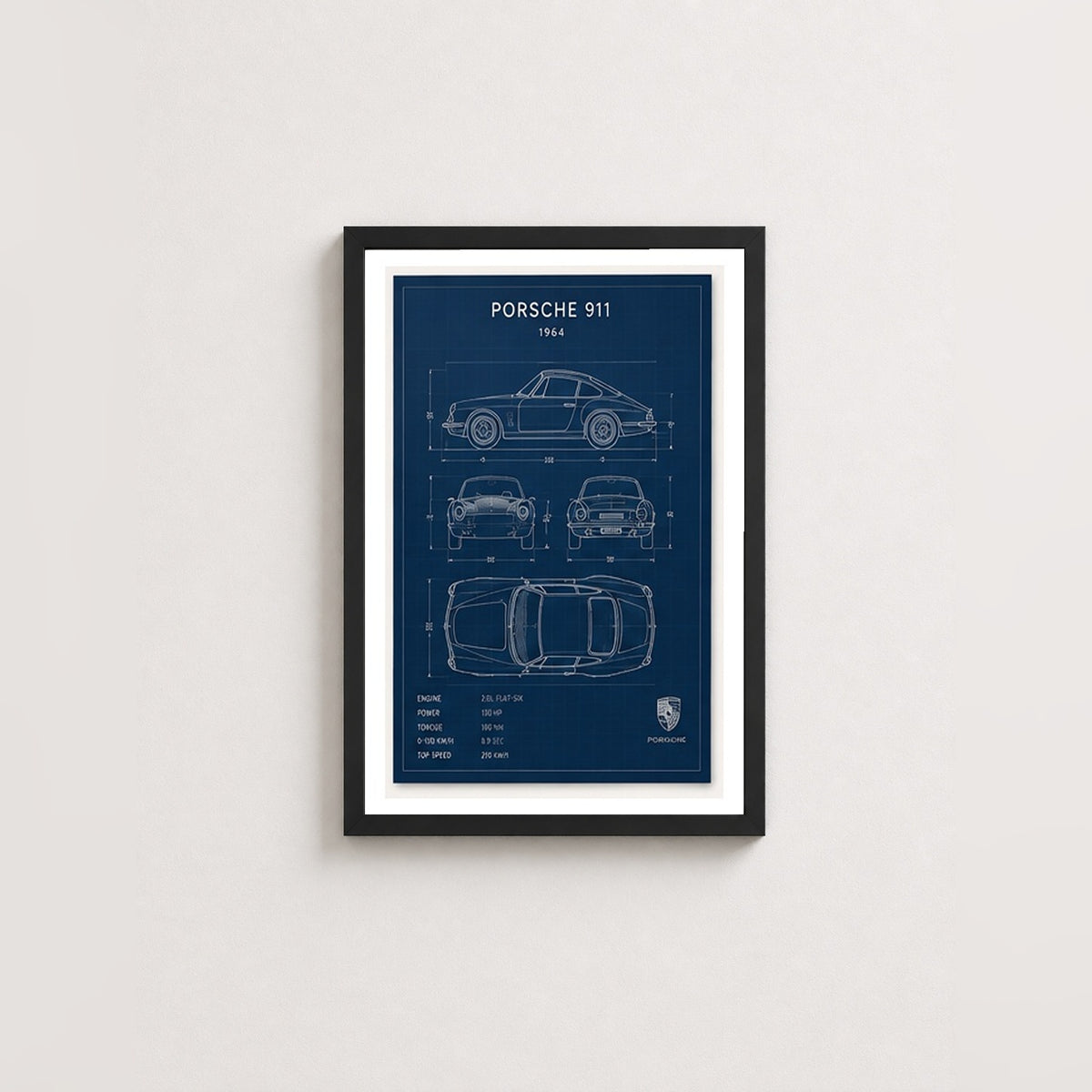 Klasik Porsche 911 Planları – Teknik Çizim Çerçeveli Poster — Siyah — Paspartulu — TabloLab