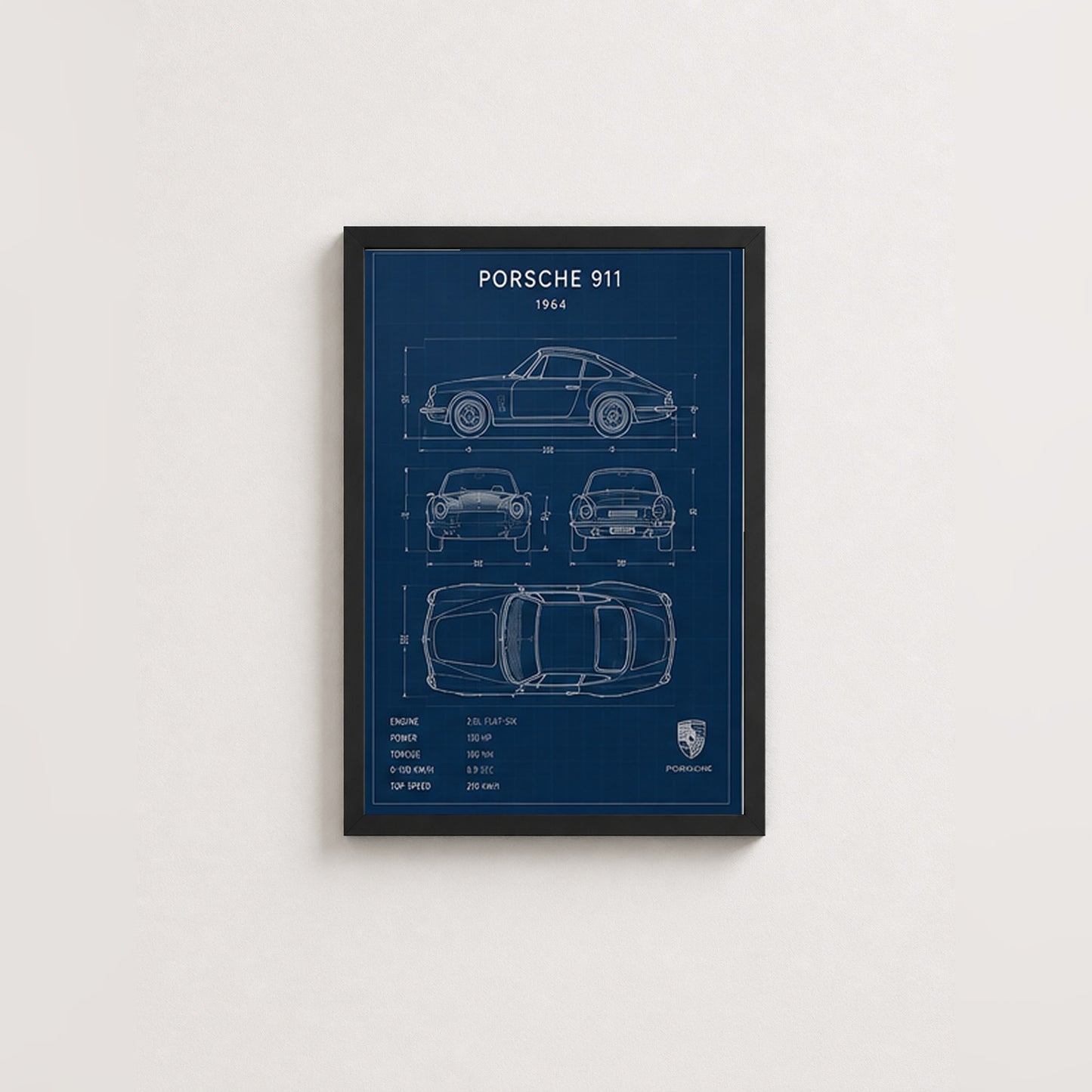 Klasik Porsche 911 Planları – Teknik Çizim Çerçeveli Poster — Siyah — Paspartusuz — TabloLab