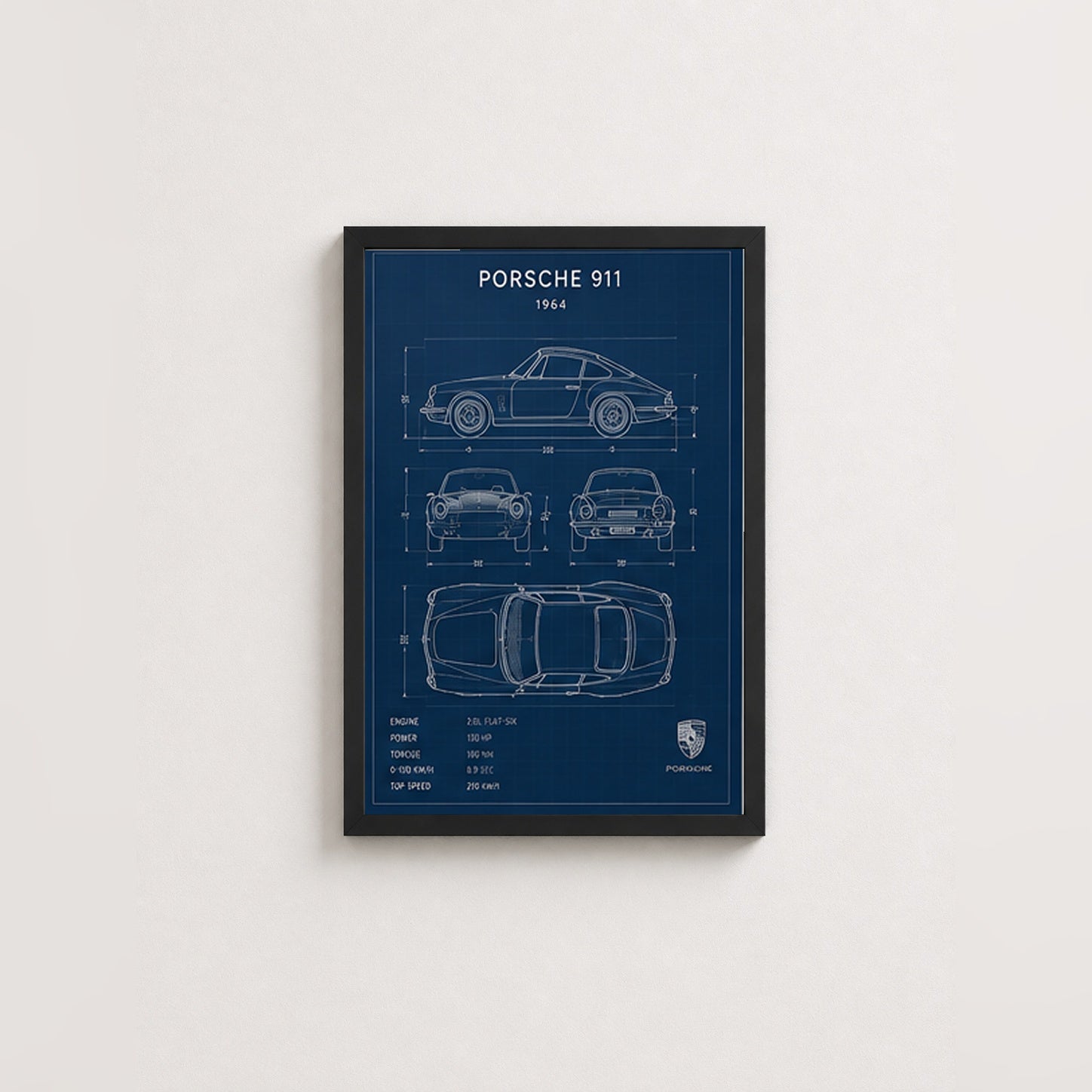 Klasik Porsche 911 Planları – Teknik Çizim Çerçeveli Poster — Siyah — Paspartusuz — TabloLab