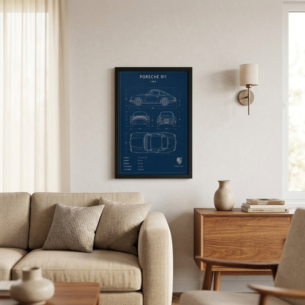 Klasik Porsche 911 Planları – Teknik Çizim Çerçeveli Poster — Siyah — Paspartusuz — TabloLab