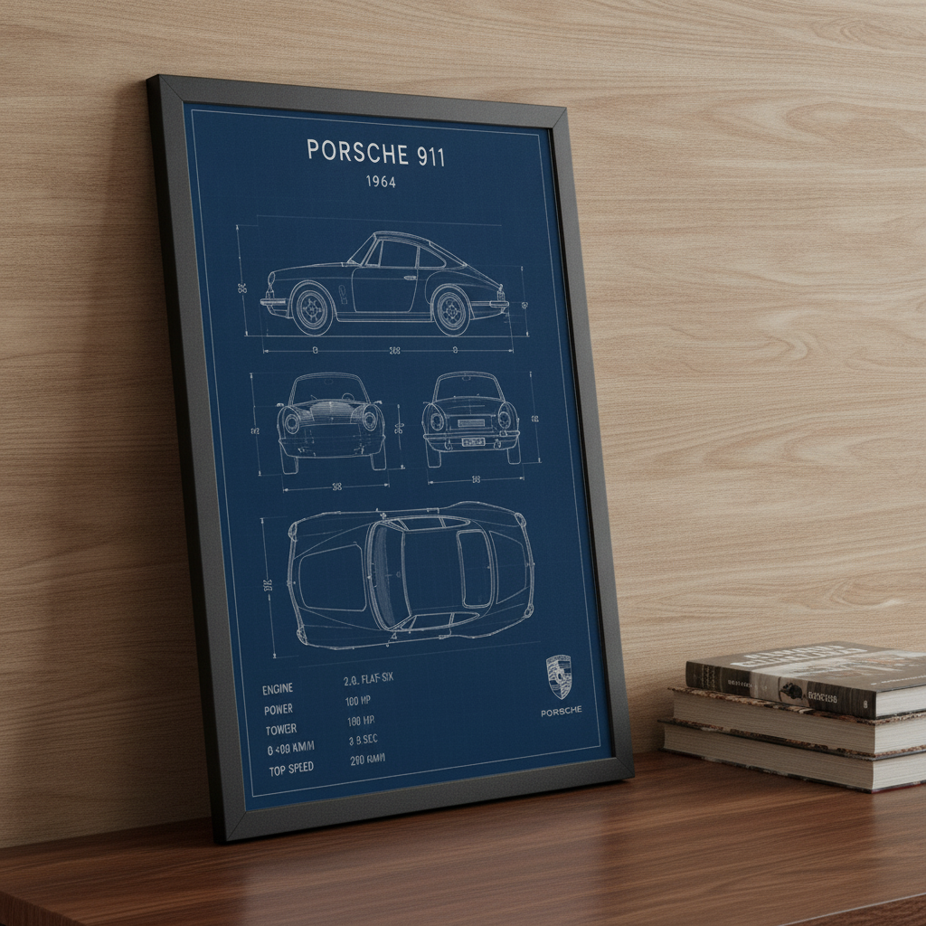 Klasik Porsche 911 Planları – Teknik Çizim Çerçeveli Poster — Siyah — Paspartusuz — TabloLab
