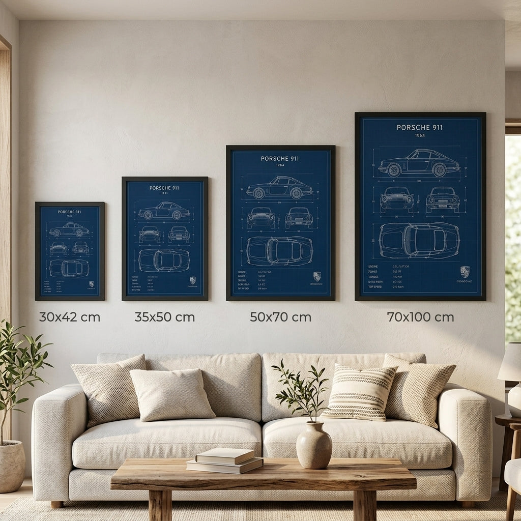Klasik Porsche 911 Planları – Teknik Çizim Çerçeveli Poster — Siyah — Paspartusuz — TabloLab