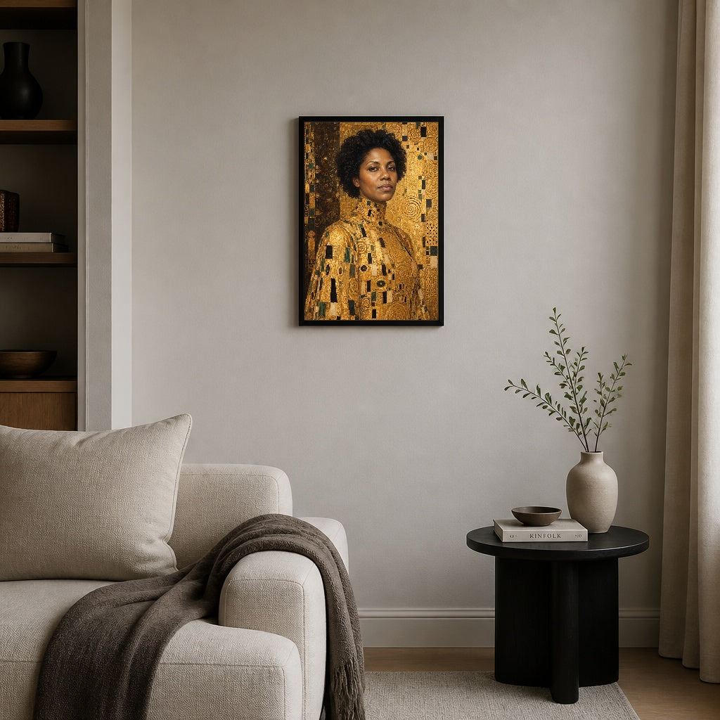 Klimt’in Altın Portresi — Oda görünümü; tasarım gerçek çerçeve sahnesine yerleştirilmiştir