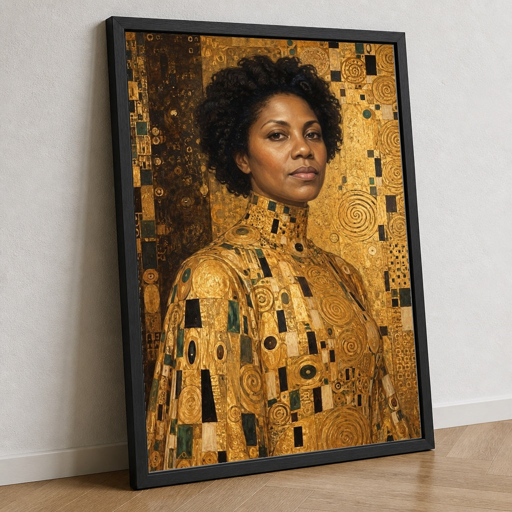 Klimt’in Altın Portresi — Yakın görünüm; tasarım gerçek çerçeve sahnesine yerleştirilmiştir