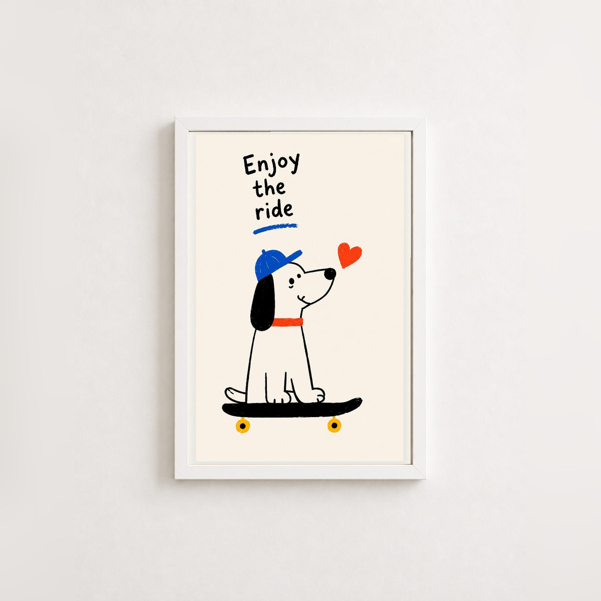 Köpekli Paten Keyfi – İllustrasyon Çerçeveli Poster — Beyaz — Beyaz Kenarlı — TabloLab