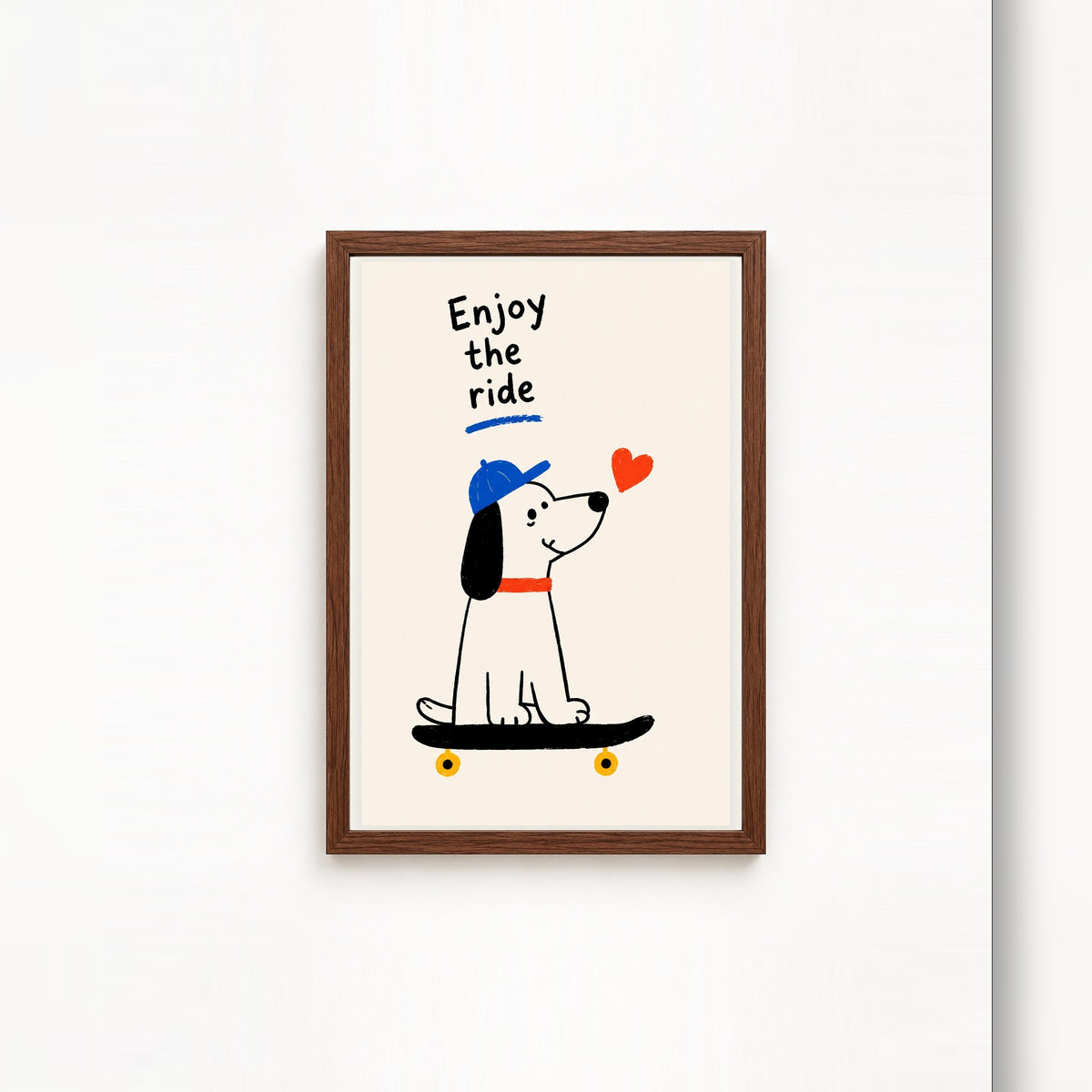 Köpekli Paten Keyfi – İllustrasyon Çerçeveli Poster — Ceviz — Beyaz Kenarlı — TabloLab