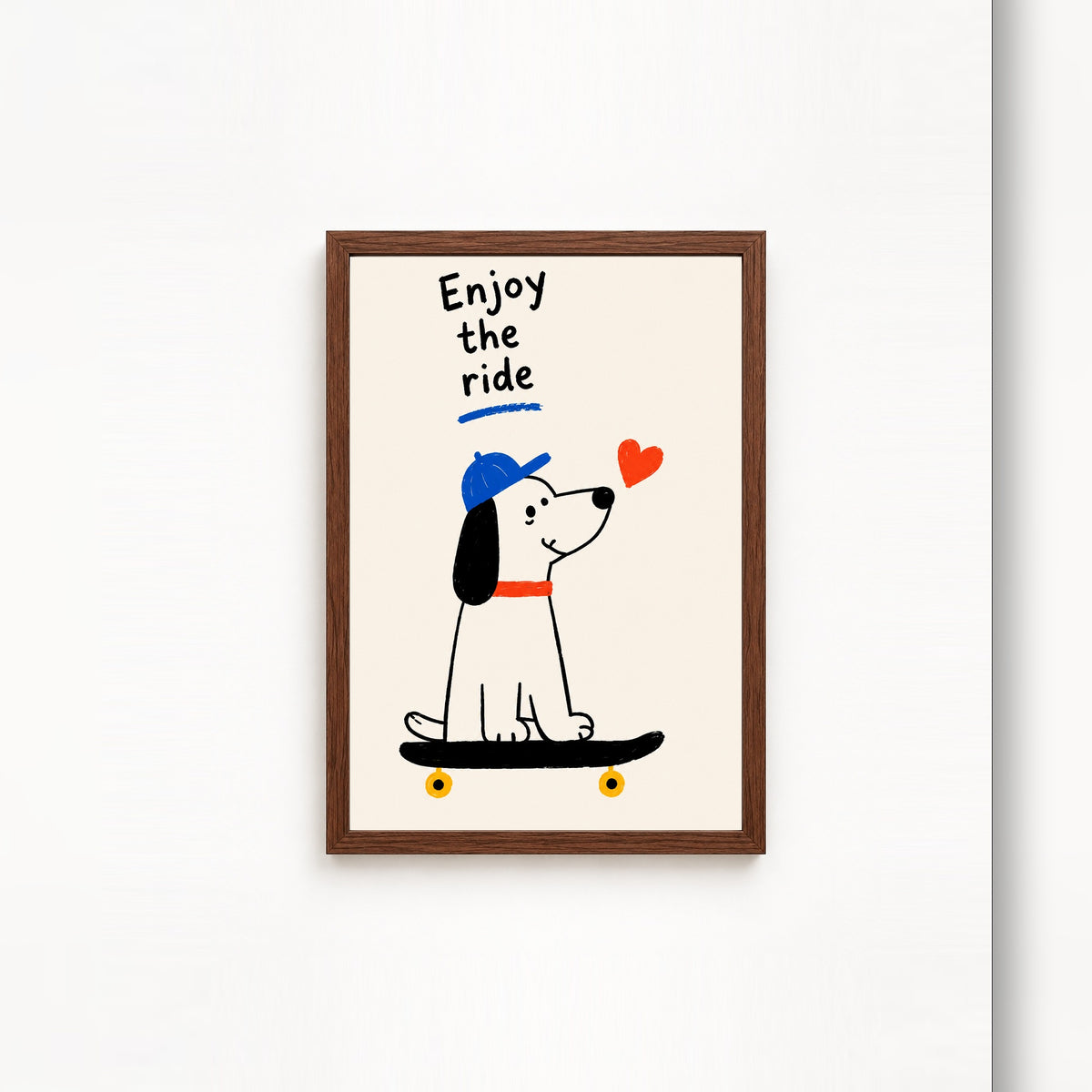 Köpekli Paten Keyfi – İllustrasyon Çerçeveli Poster — Ceviz — Tam Baskı — TabloLab
