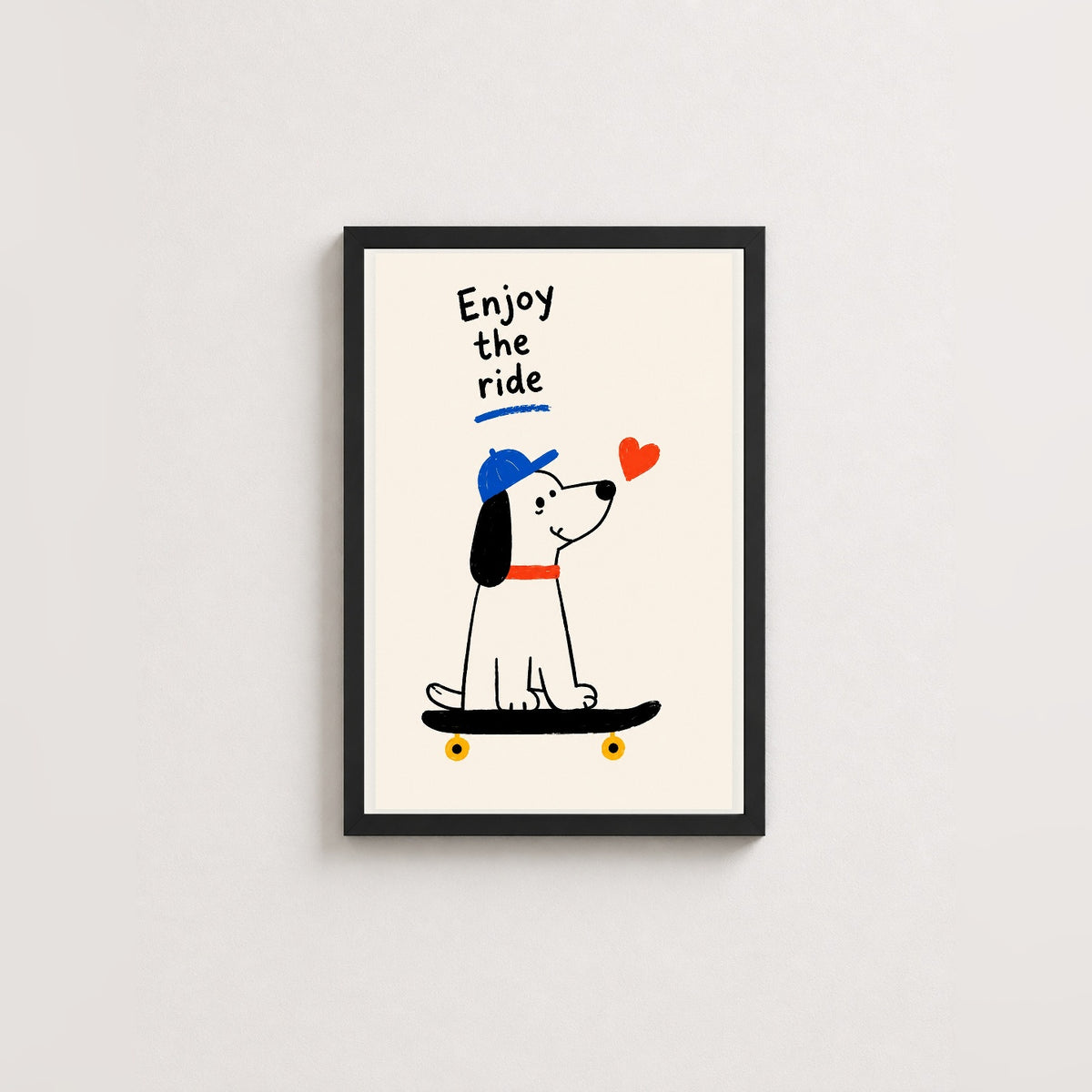 Köpekli Paten Keyfi – İllustrasyon Çerçeveli Poster — Siyah — Beyaz Kenarlı — TabloLab