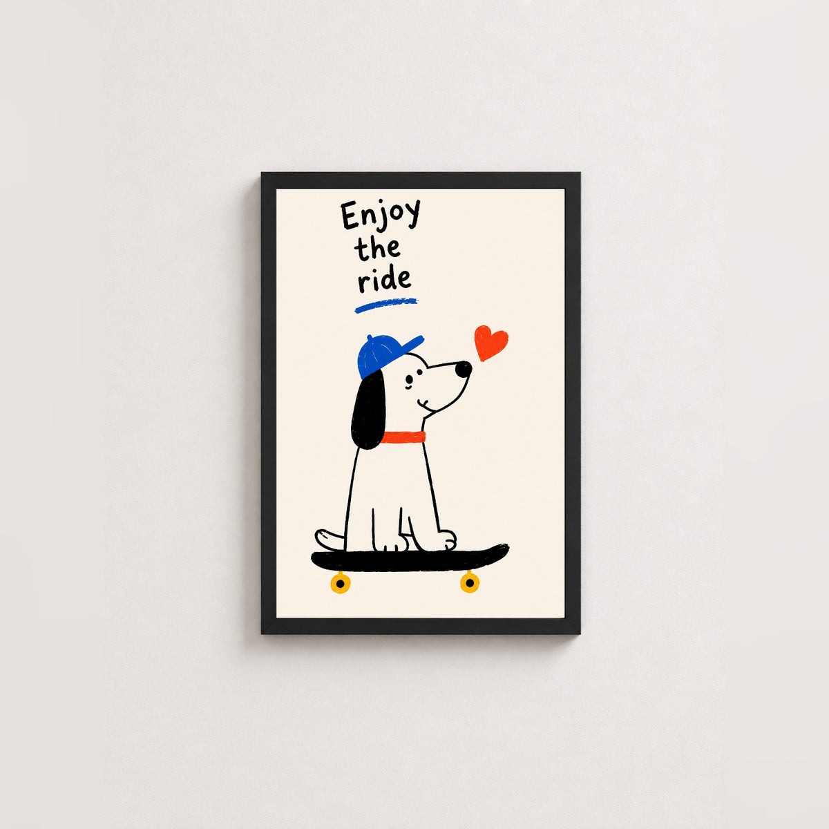 Köpekli Paten Keyfi – İllustrasyon Çerçeveli Poster — Siyah — Tam Baskı — TabloLab