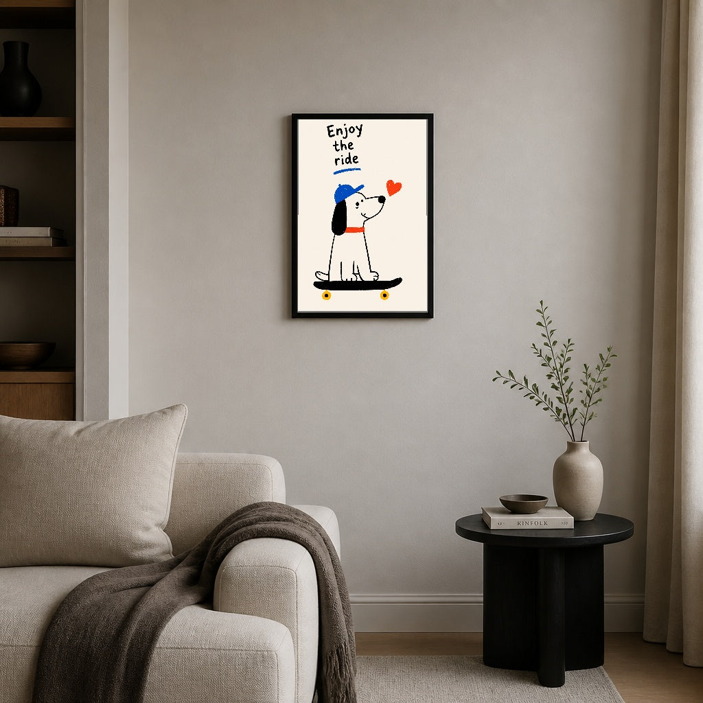 Köpekli Paten Keyfi – İllustrasyon Çerçeveli Poster — Siyah — Tam Baskı — TabloLab