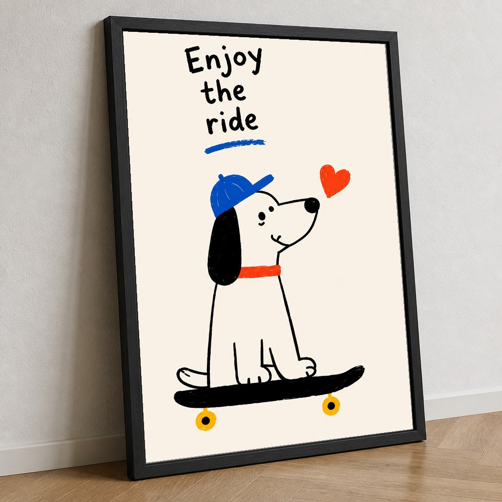 Köpekli Paten Keyfi – İllustrasyon Çerçeveli Poster — Siyah — Tam Baskı — TabloLab