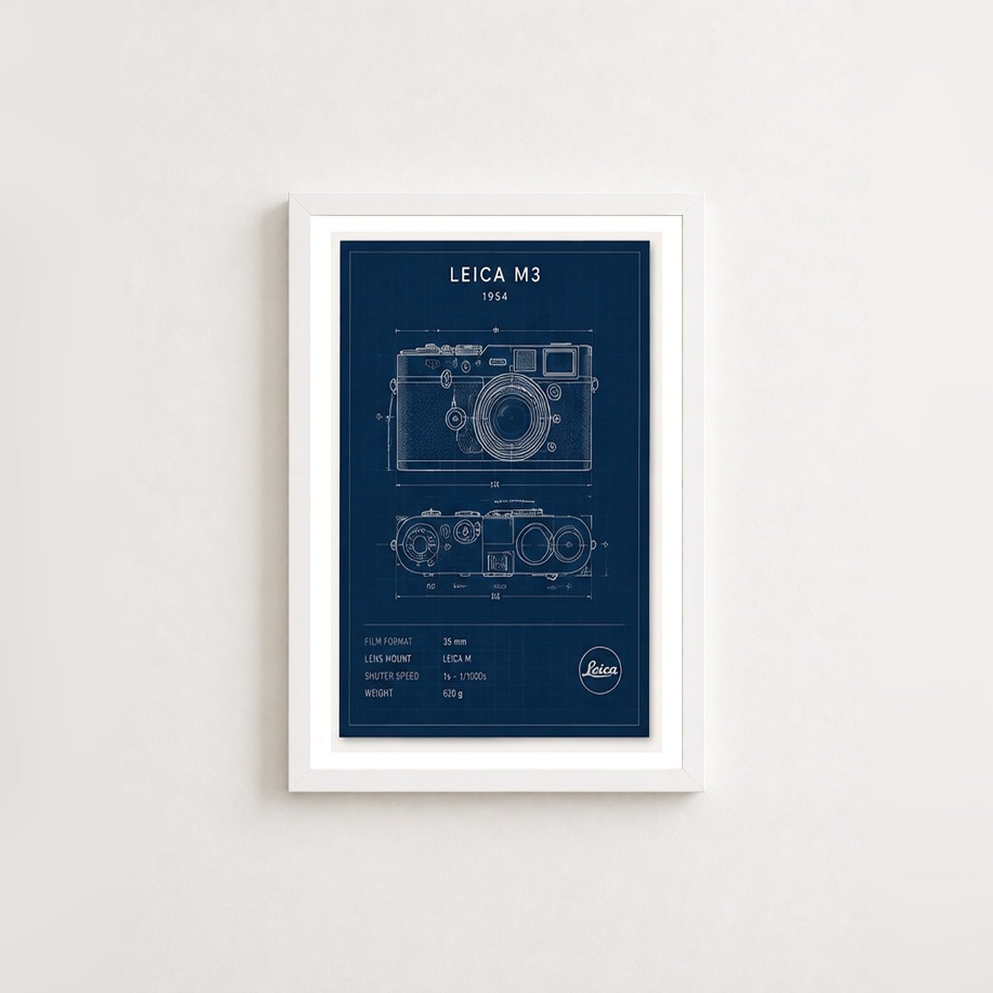 Leica M3 Çizim – Teknik Çerçeveli Poster — Beyaz — Paspartulu — TabloLab