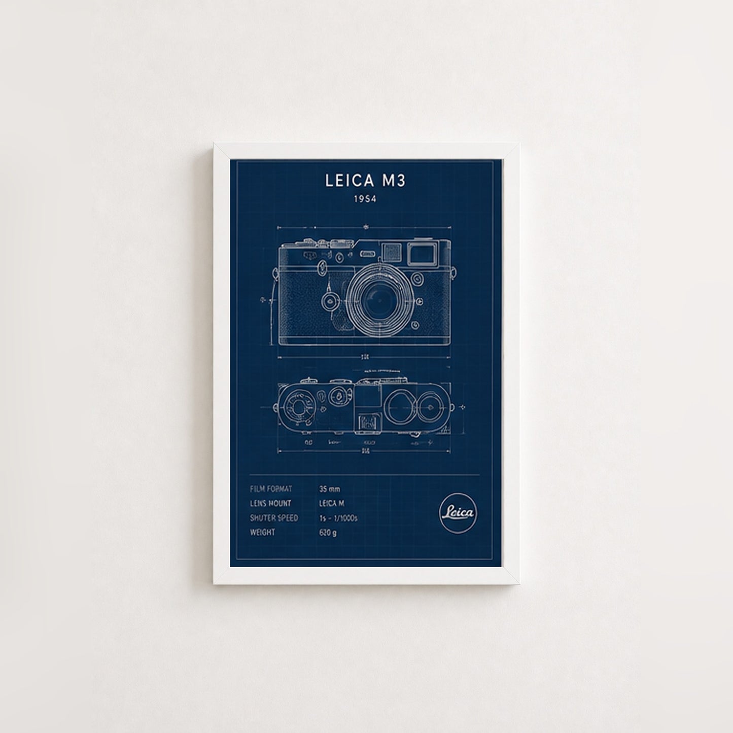 Leica M3 Çizim – Teknik Çerçeveli Poster — Beyaz — Paspartusuz — TabloLab