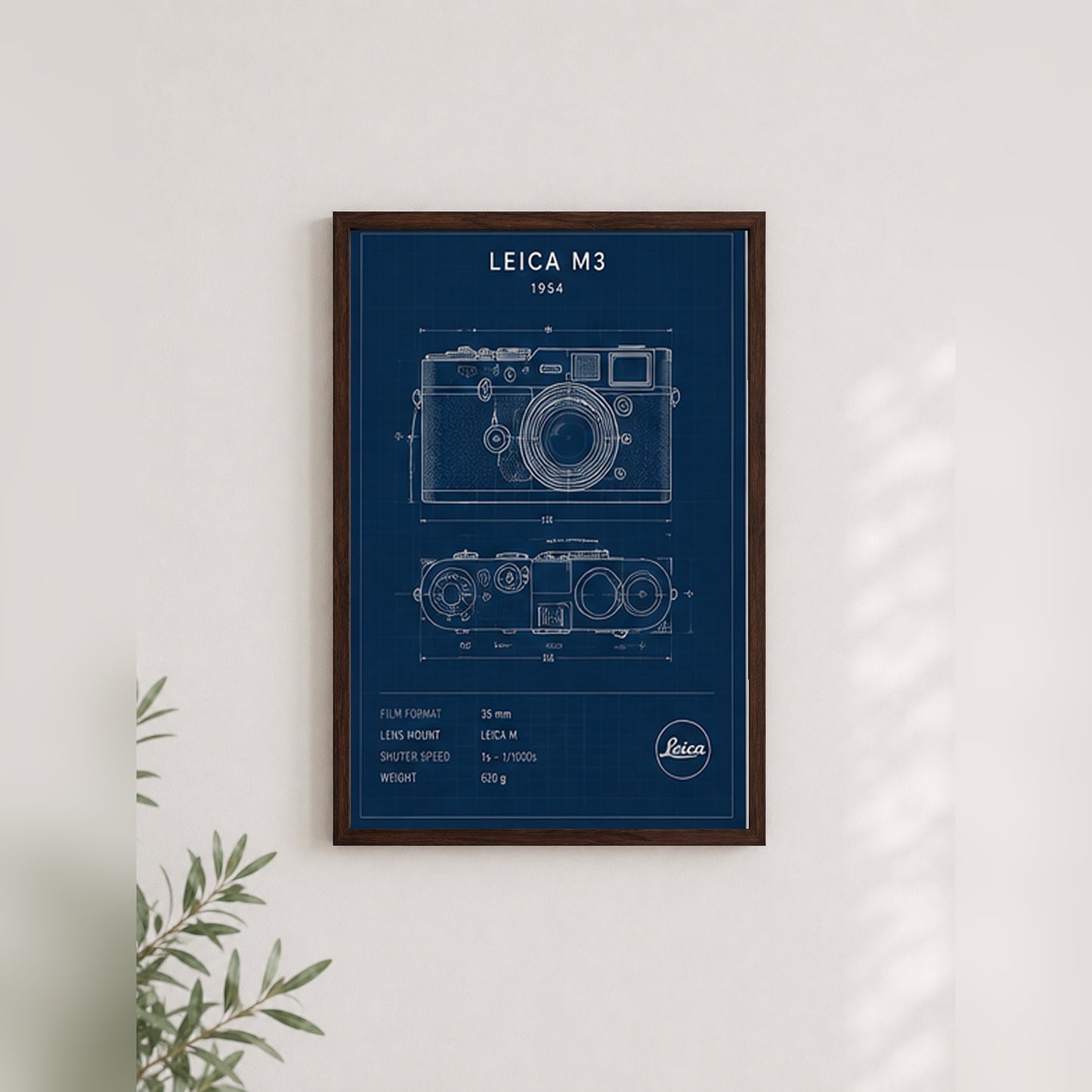 Leica M3 Çizim – Teknik Çerçeveli Poster — Ceviz — Paspartusuz — TabloLab
