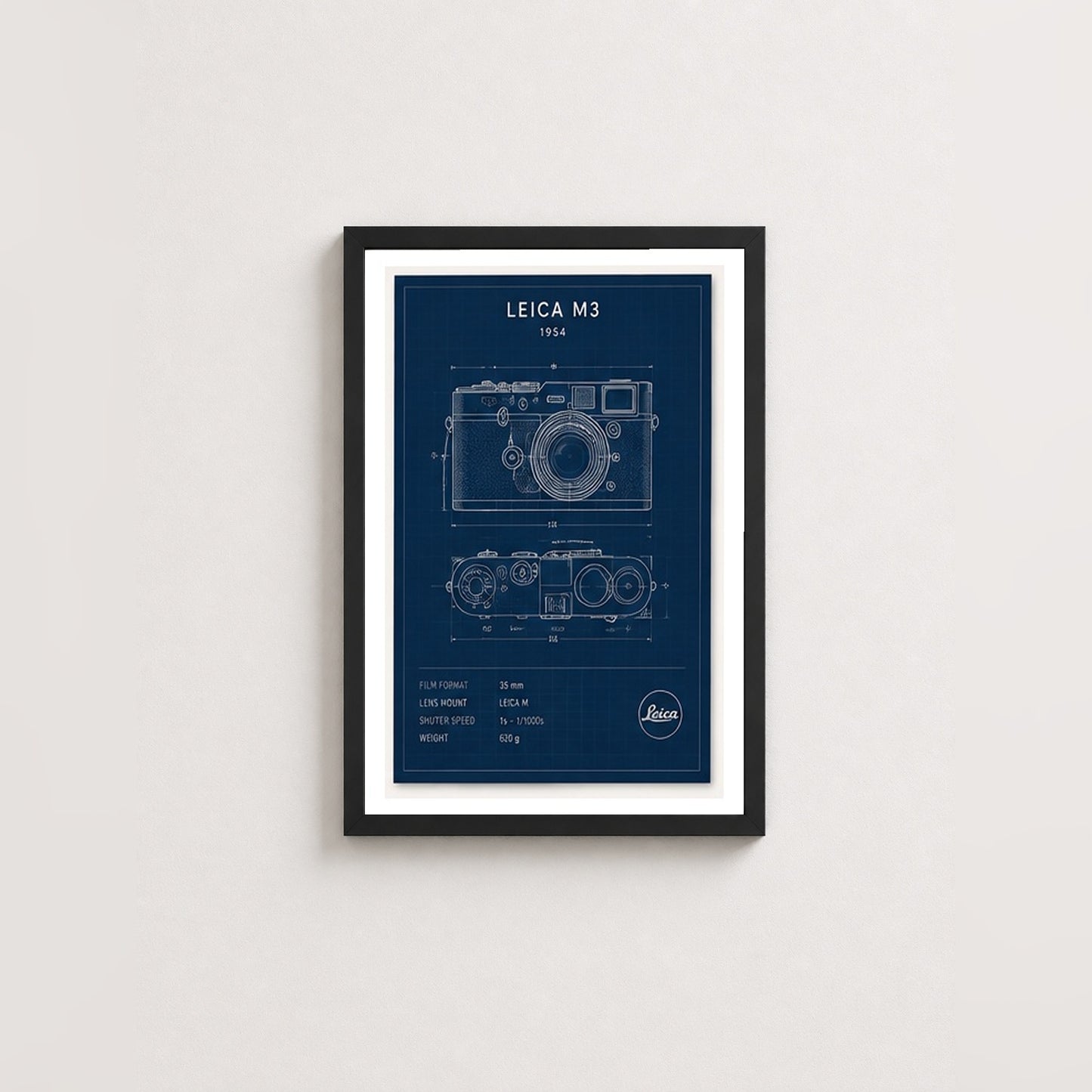 Leica M3 Çizim – Teknik Çerçeveli Poster — Siyah — Paspartulu — TabloLab