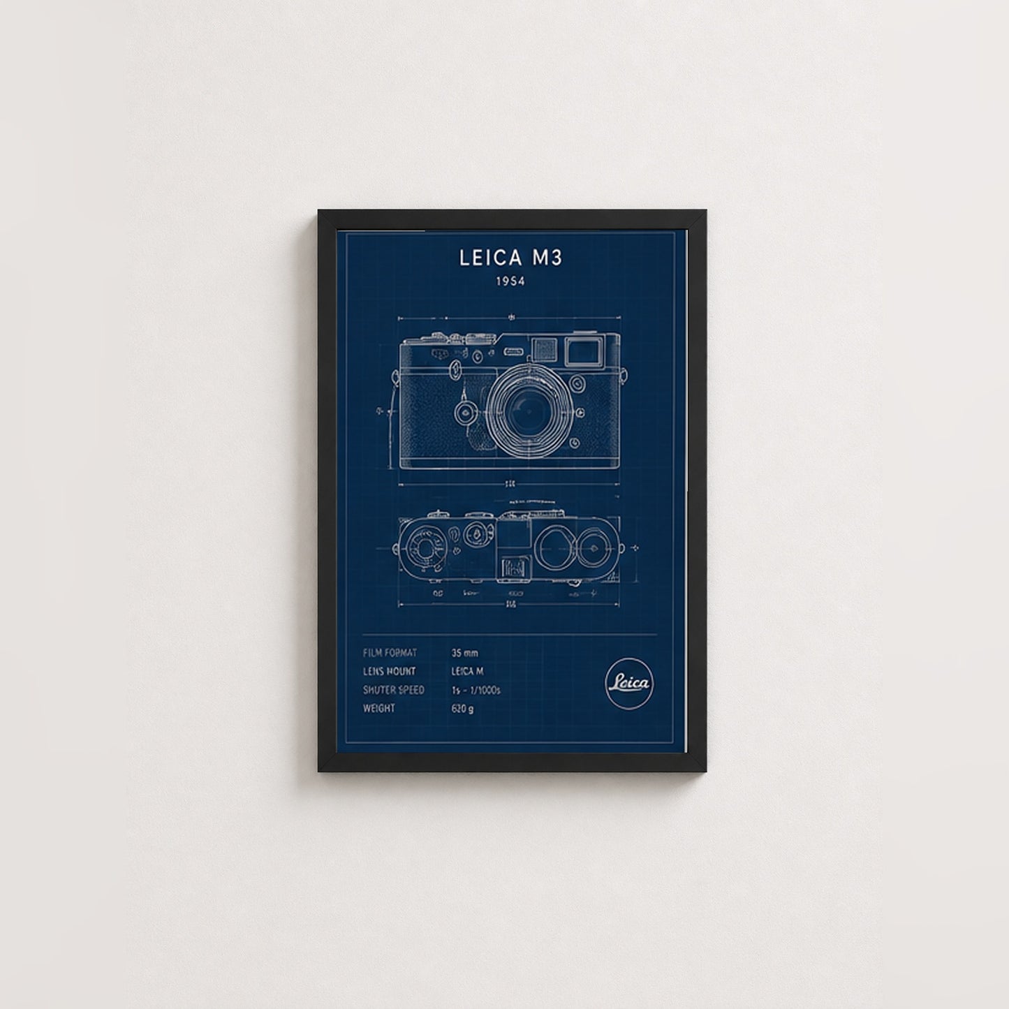 Leica M3 Çizim – Teknik Çerçeveli Poster — Siyah — Paspartusuz — TabloLab