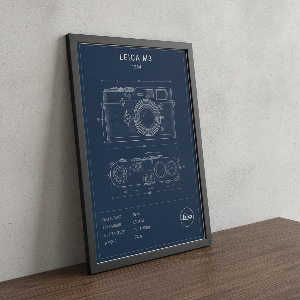 Leica M3 Çizim – Teknik Çerçeveli Poster — Siyah — Paspartusuz — TabloLab