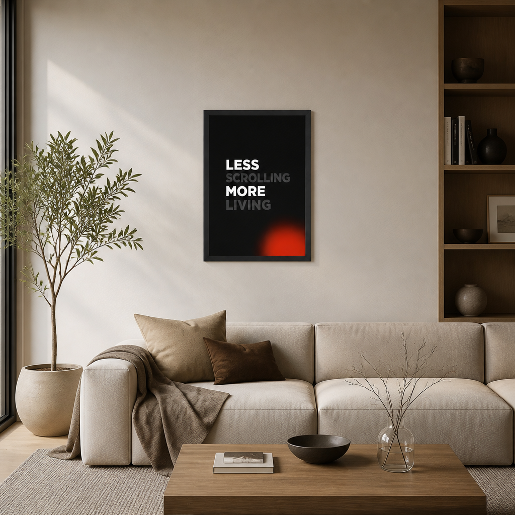 Less Scrolling More Living – Modern Çerçeveli Poster — Siyah — Tam Baskı — TabloLab