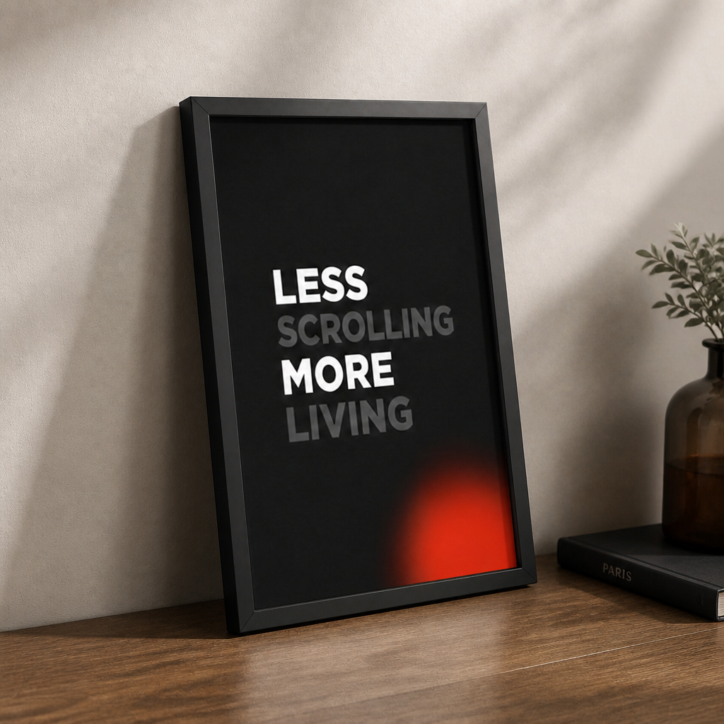 Less Scrolling More Living – Modern Çerçeveli Poster — Siyah — Tam Baskı — TabloLab
