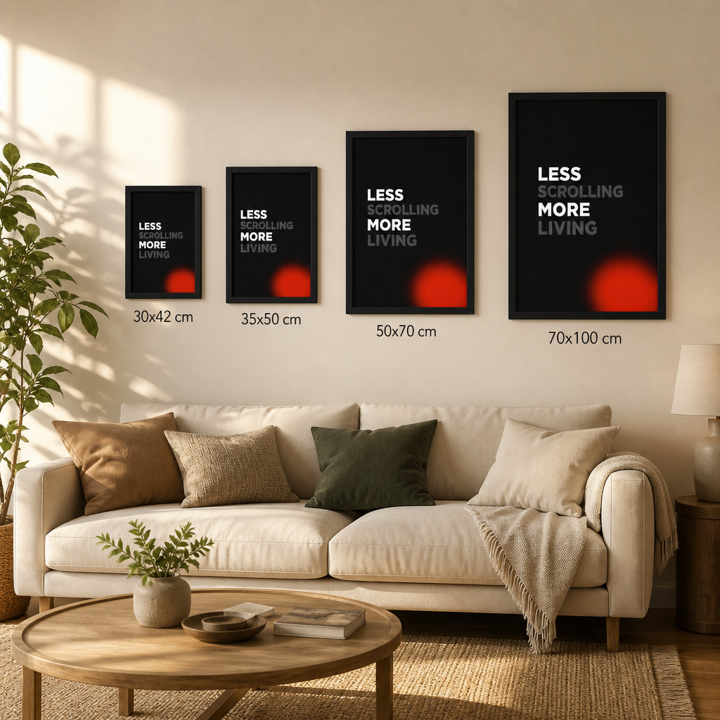 Less Scrolling More Living – Modern Çerçeveli Poster — Siyah — Tam Baskı — TabloLab