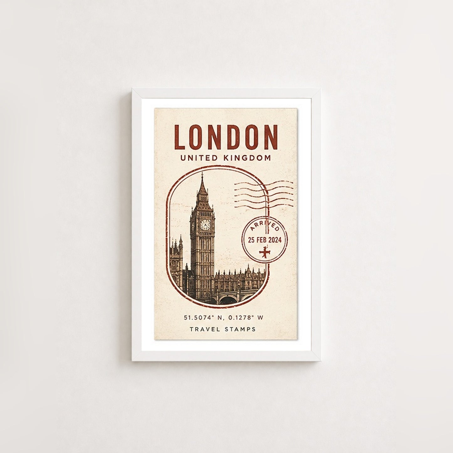 Londra Posta Damgası – Vintage Çerçeveli Poster — Beyaz — Paspartulu — TabloLab