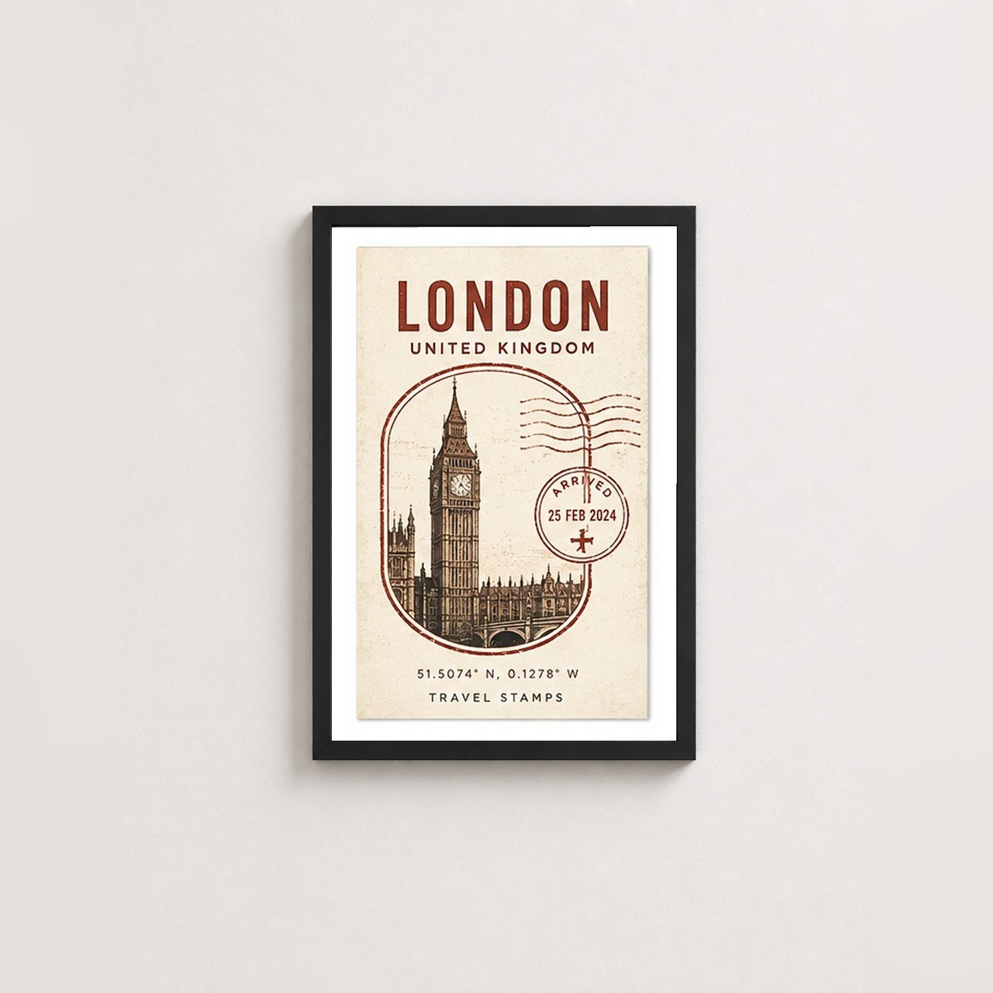 Londra Posta Damgası – Vintage Çerçeveli Poster — Siyah — Paspartulu — TabloLab
