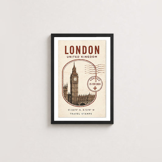 Londra Posta Damgası – Vintage Çerçeveli Poster — Siyah — Paspartulu — TabloLab
