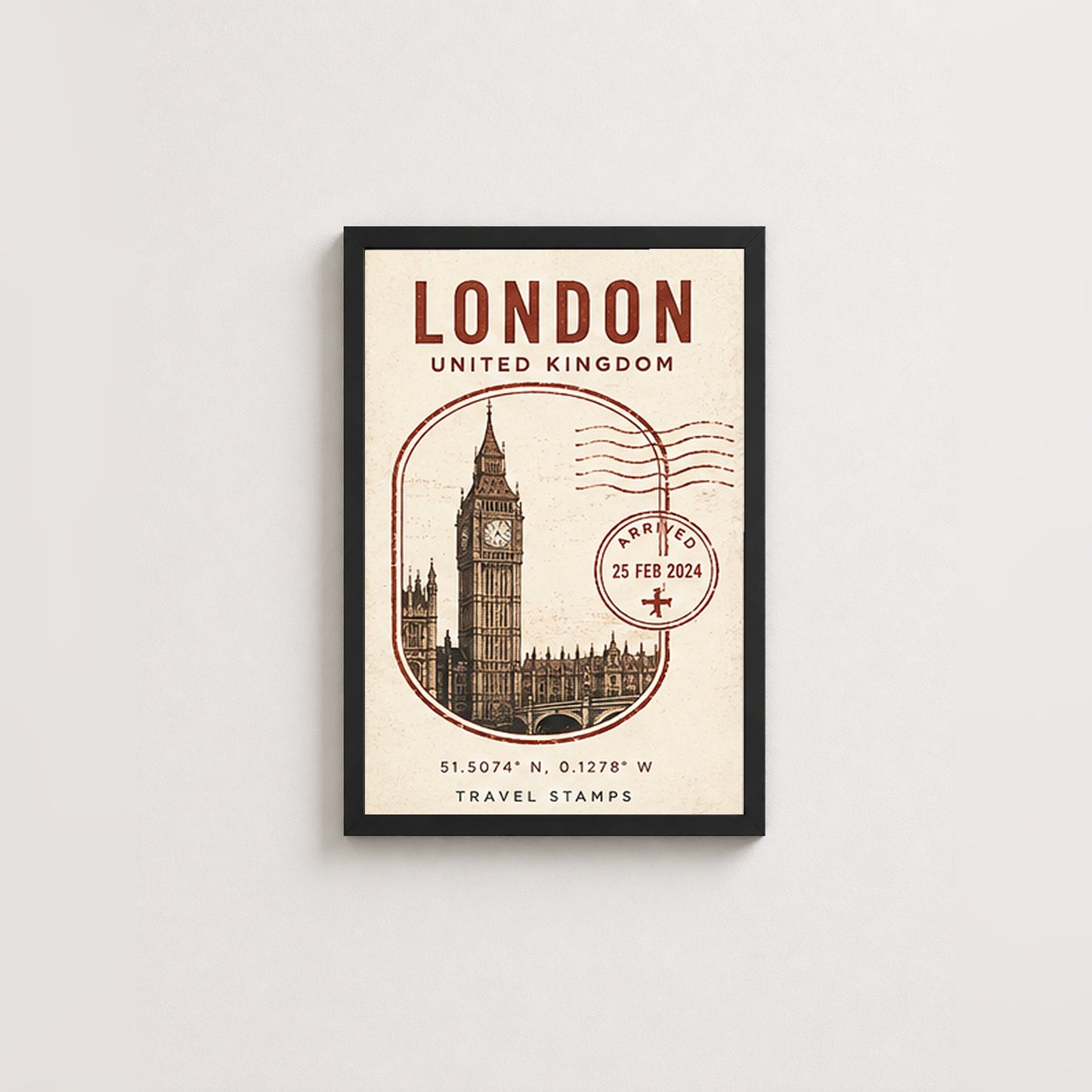 Londra Posta Damgası – Vintage Çerçeveli Poster — Siyah — Paspartusuz — TabloLab