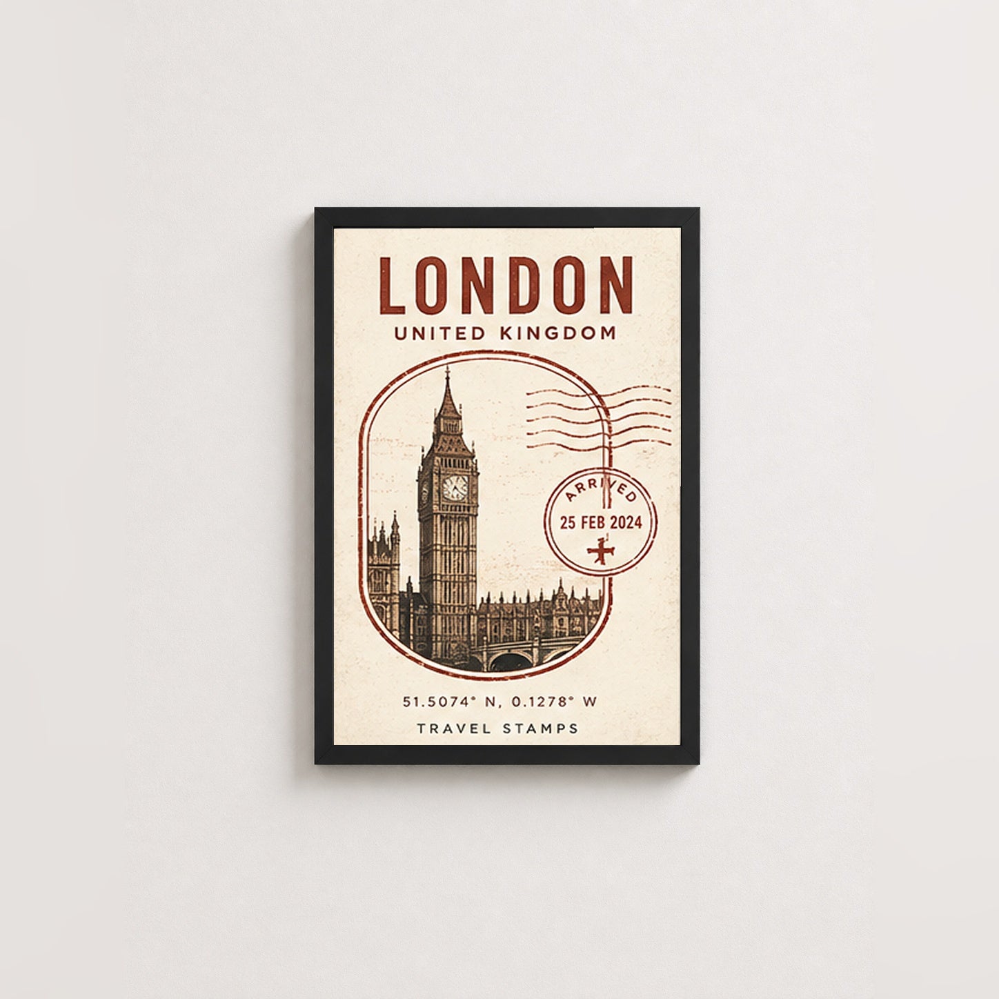 Londra Posta Damgası – Vintage Çerçeveli Poster — Siyah — Paspartusuz — TabloLab