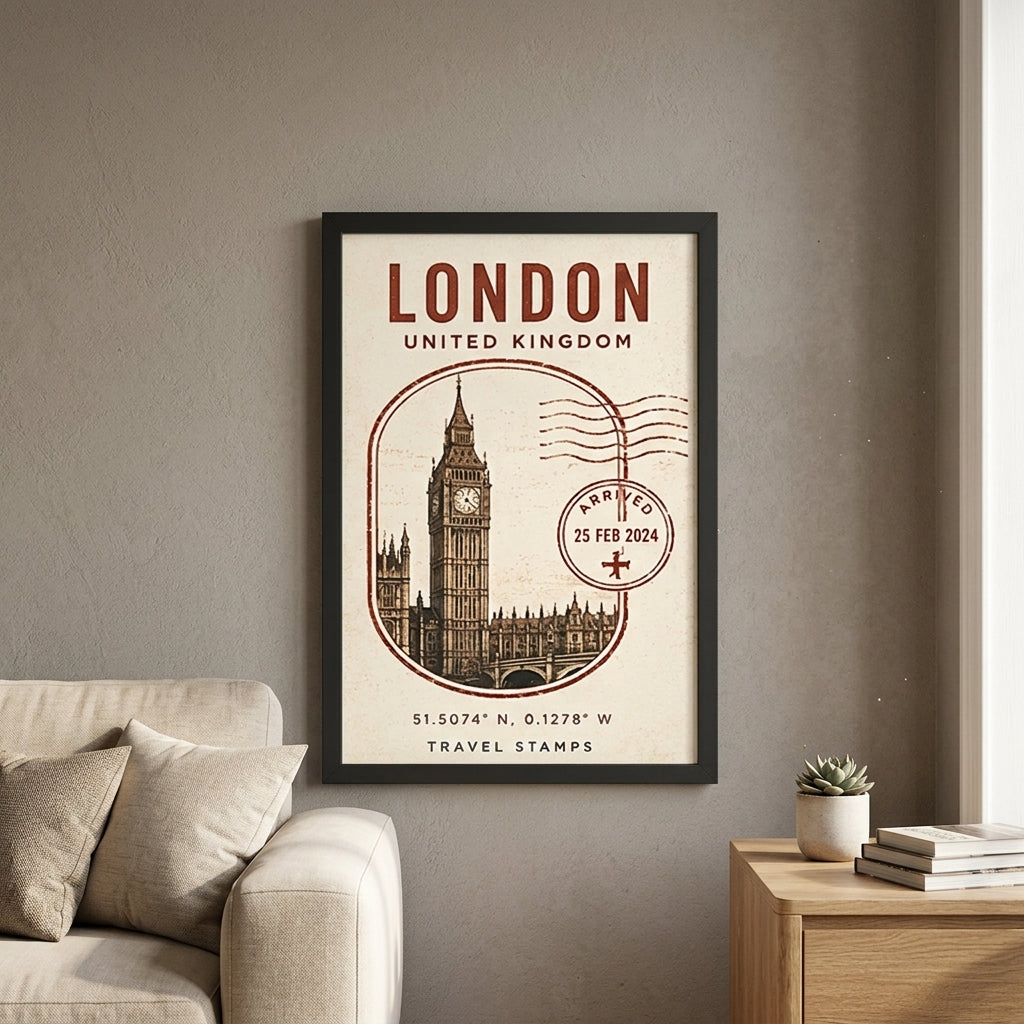 Londra Posta Damgası – Vintage Çerçeveli Poster — Siyah — Paspartusuz — TabloLab