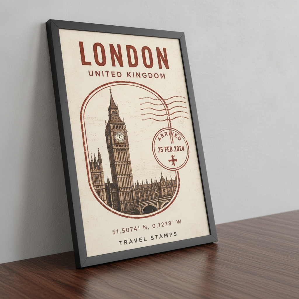 Londra Posta Damgası – Vintage Çerçeveli Poster — Siyah — Paspartusuz — TabloLab