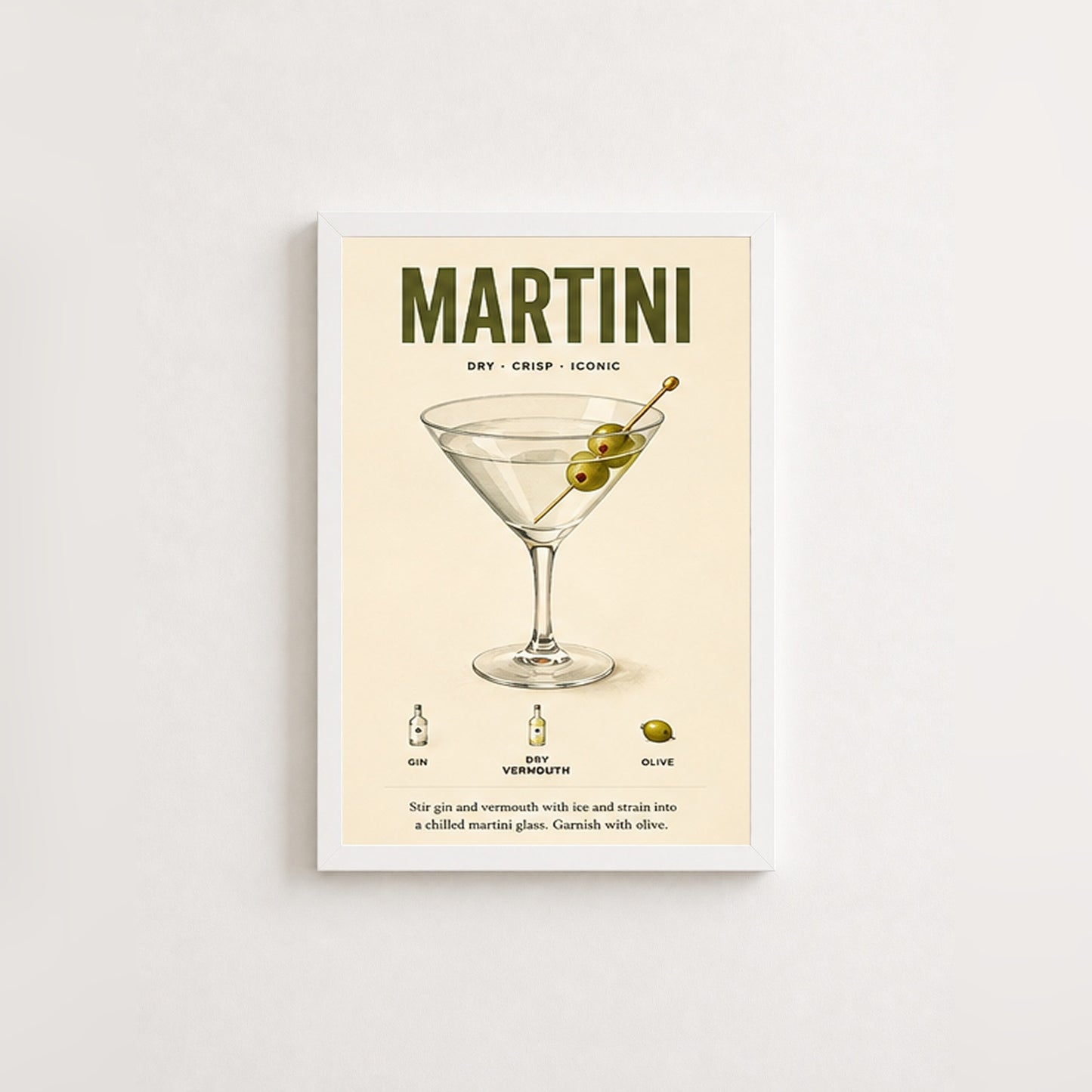 Martini Tarifi – Vintage Çerçeveli Poster — Beyaz — Paspartusuz — TabloLab