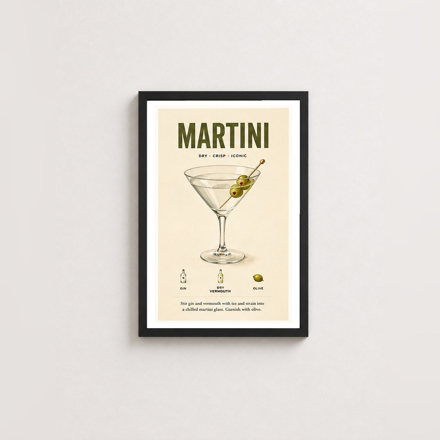 Martini Tarifi – Vintage Çerçeveli Poster — Siyah — Paspartulu — TabloLab