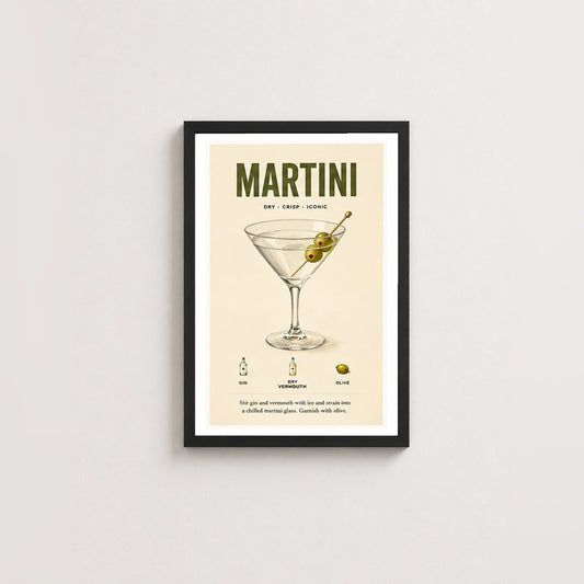 Martini Tarifi – Vintage Çerçeveli Poster — Siyah — Paspartulu — TabloLab