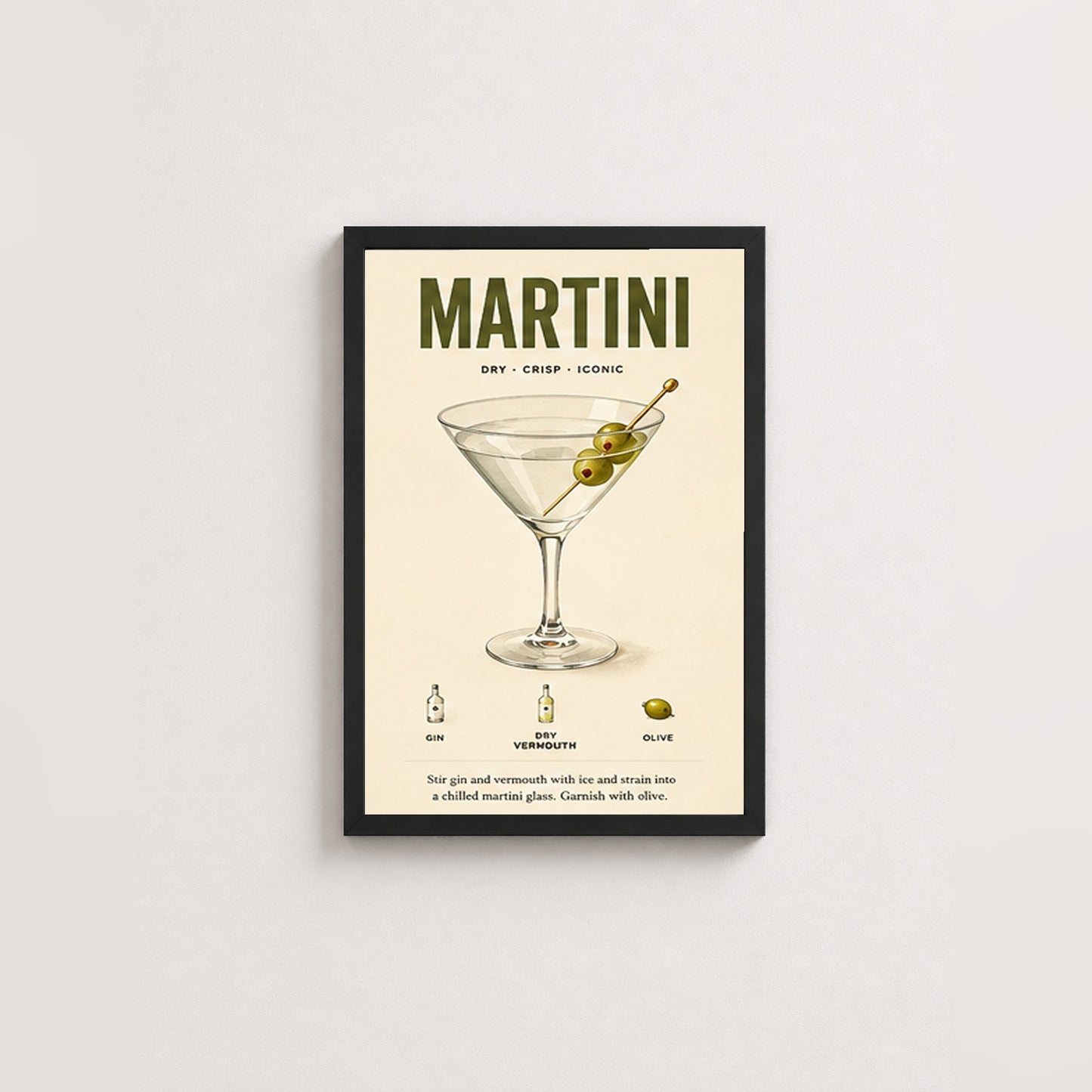 Martini Tarifi – Vintage Çerçeveli Poster — Siyah — Paspartusuz — TabloLab