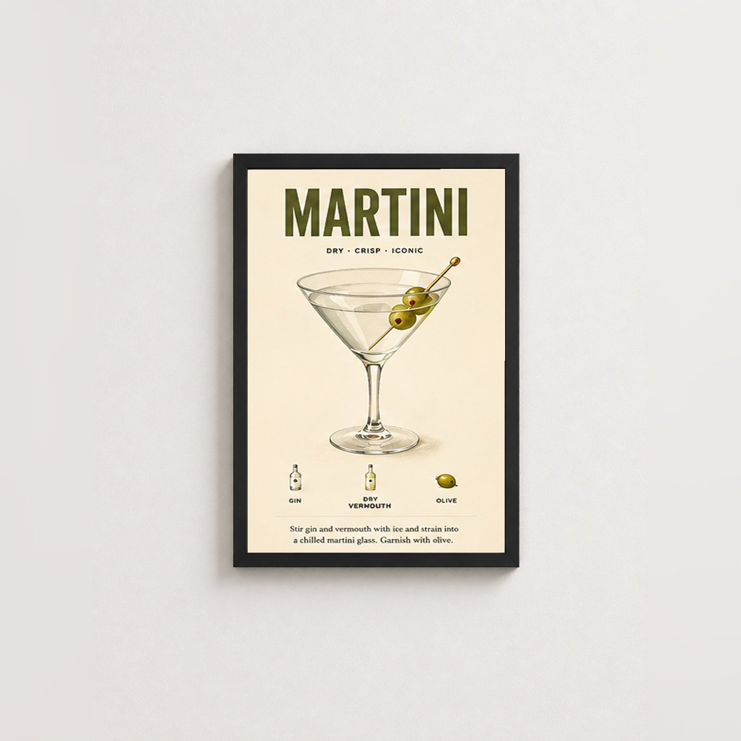 Martini Tarifi – Vintage Çerçeveli Poster — Siyah — Paspartusuz — TabloLab